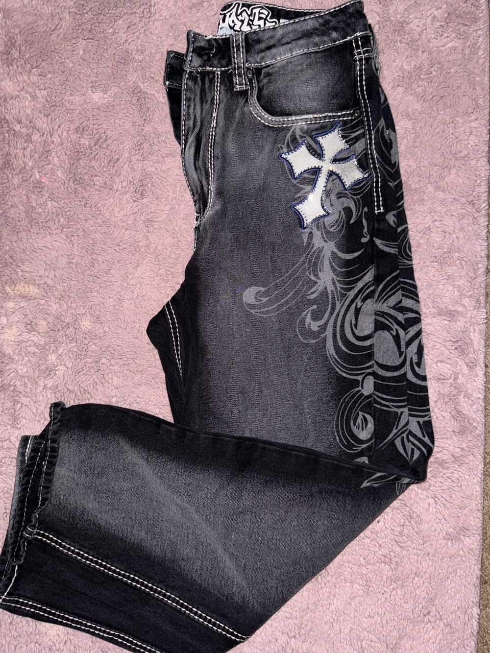 Zumiez Black Jeans with Embroidered White Cross